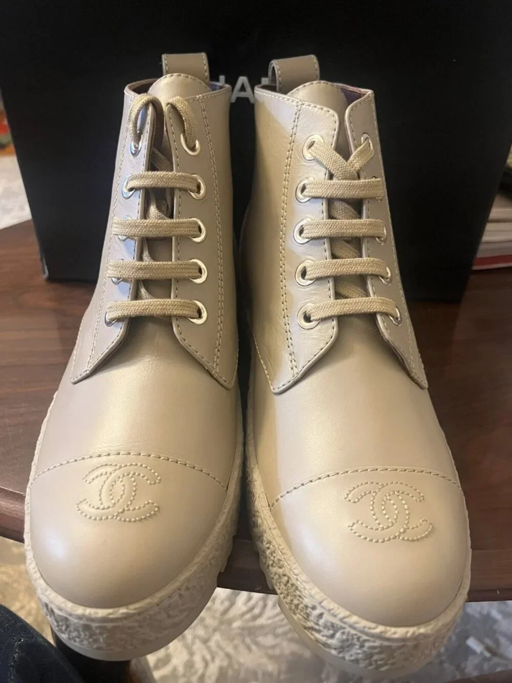 CHANEL CC Logo Beige Leather Turnlock Combat Boots